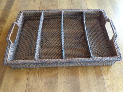 WOVEN BAMBOO WICKER RATTAN DIVIDED BASKET W/HANDLES