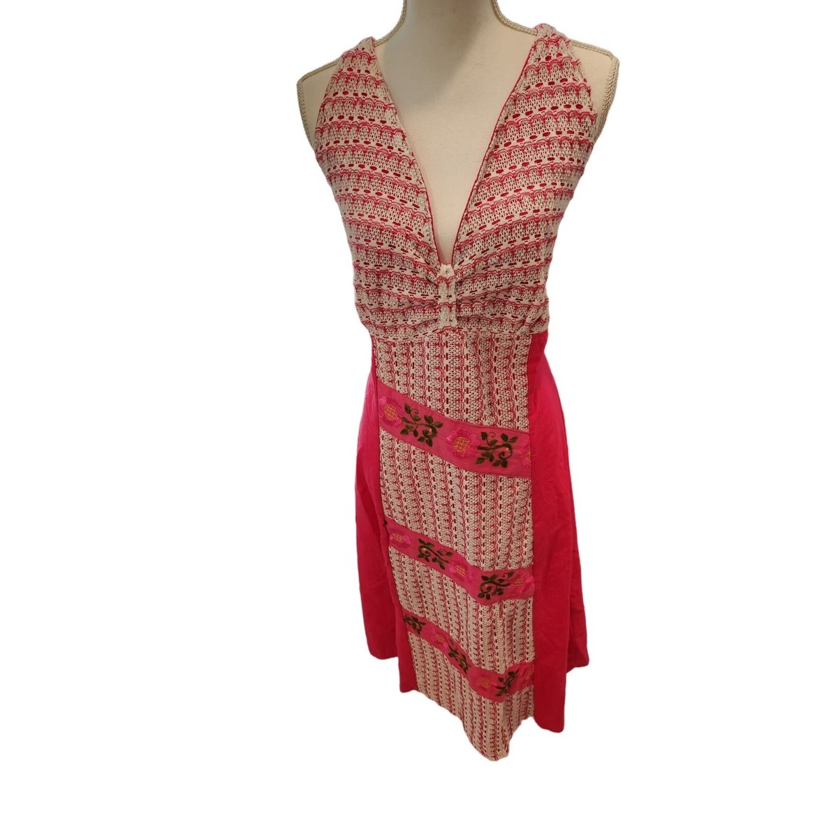 Vintage 90s Halter Maxi Dress Womens XS Pink Floral Embroidered Boho Chic