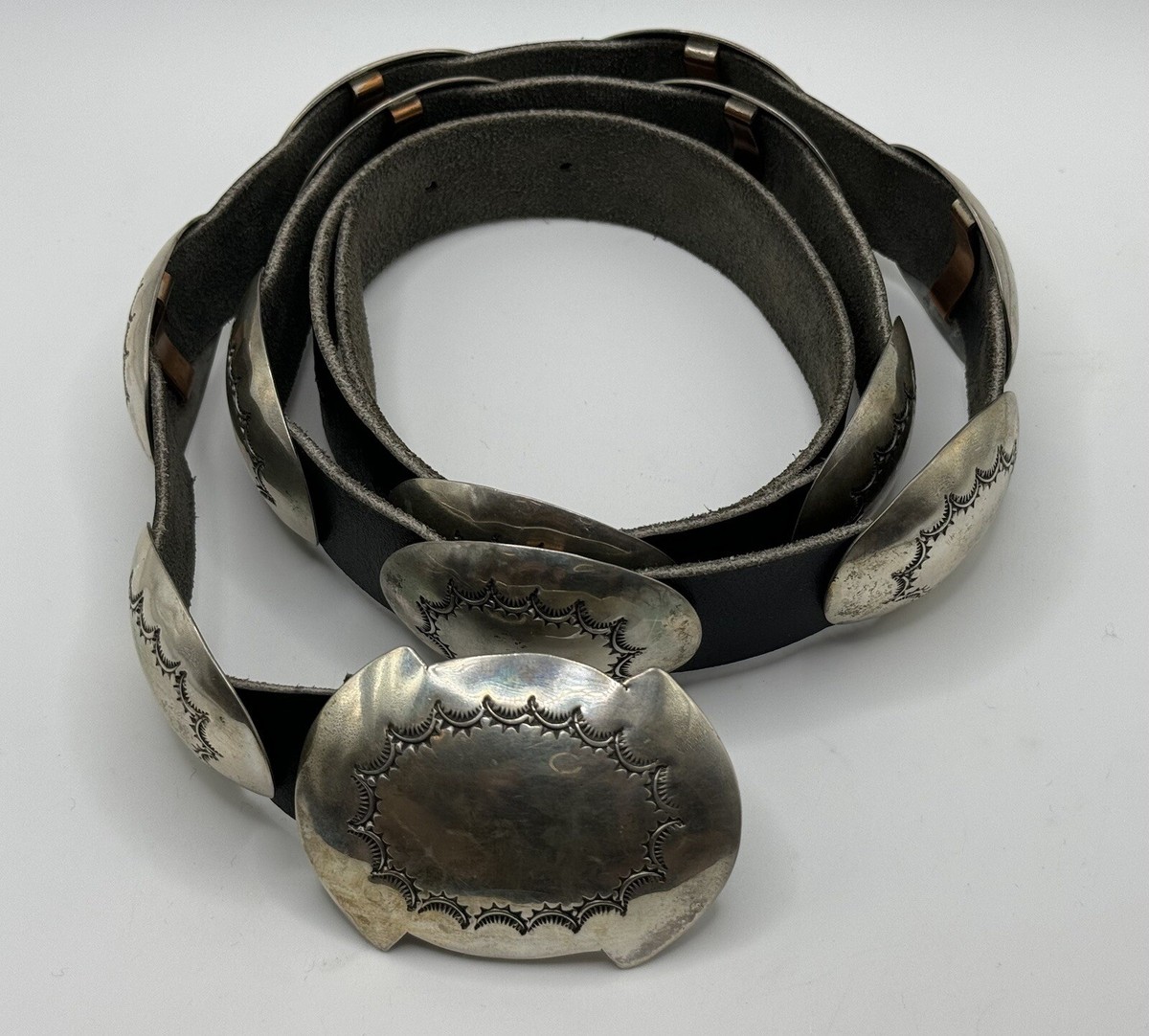 Mary Rita Padilla Share Hand-Stamped Sterling Navajo Concho Belt Mary Rita Padilla Share Hand-Stamped Sterling Navajo Concho Belt