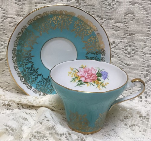 VTG Royal Stafford Tea Cup & Saucer Set Turquoise Aqua Pink Carnations PRETTY! - Picture 5 of 13