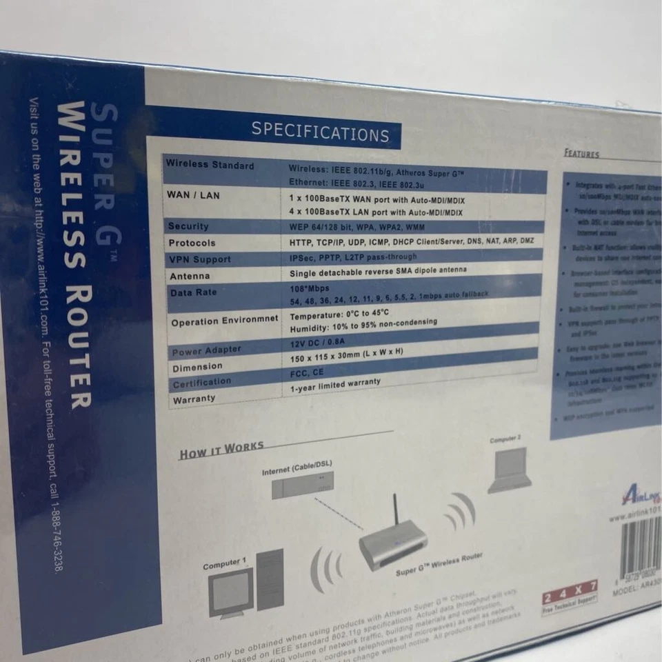 Airlink 101 Super G Wireless Router Gray 802.11a 4 Ports AR430W 108 Mbps New - Image 4 of 4