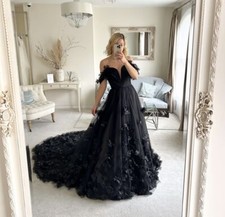 Black Off Shoulder 3D Flower Tulle Evening Gown Deep V Long Train Prom Dresses