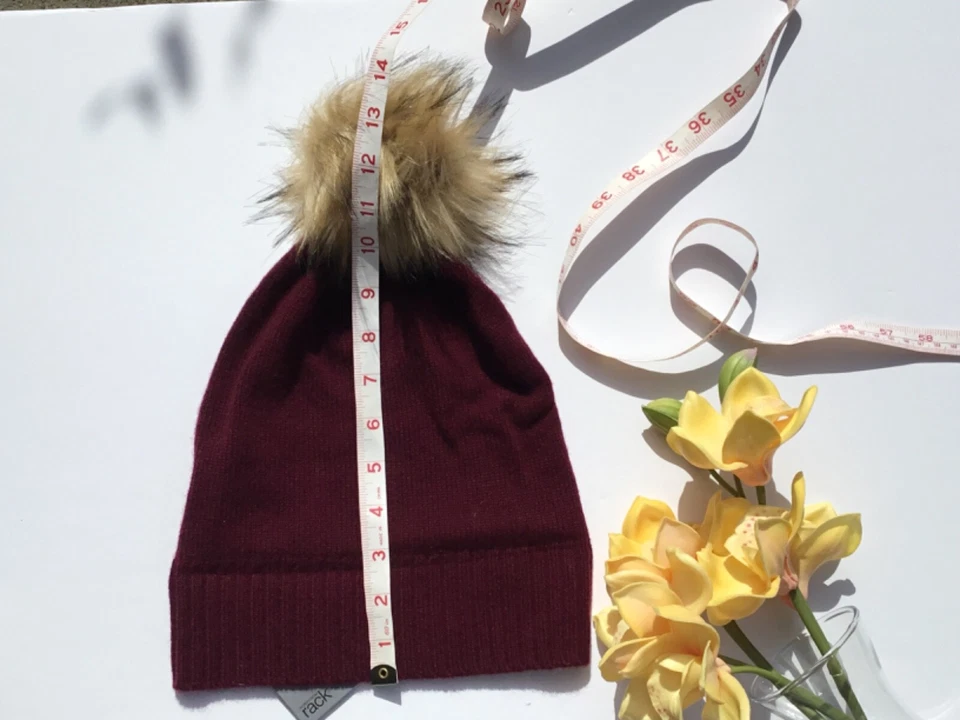 Nordstrom Rack 100% Cachemira Gorro Piel Sintética Pompón Sombrero Borgoña Rojo Regalo Foto 3 de 4