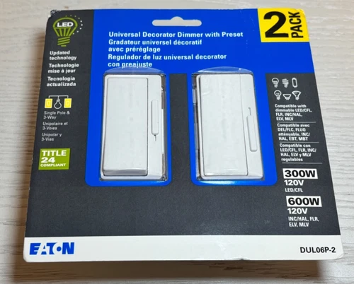 Eaton LED DUL06P-W-2KB-WL Light Switch Dimmer 2 Pack , Single Pole And 3 Way.