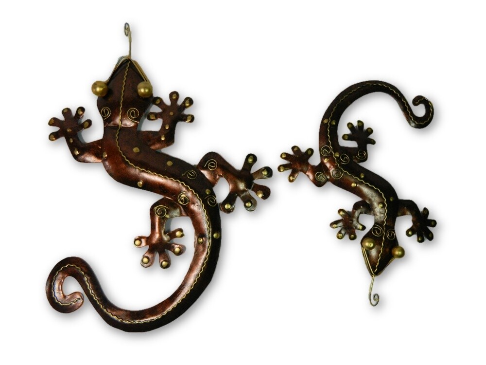 Metal Gecko Garden Ornament Geckos Lizard Wall Art Hanging - Set of 2 - Bronze