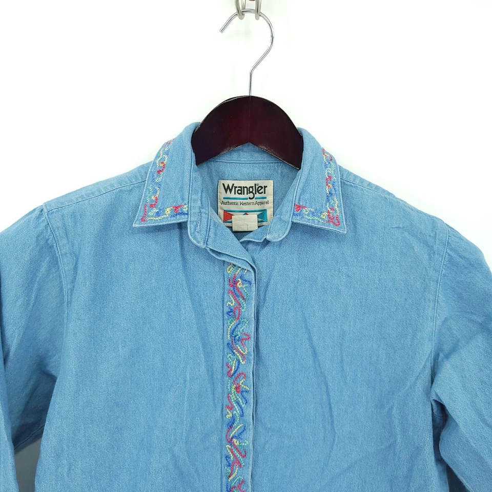 Vintage 90s Wrangler Western Shirt Girls Large 14 Blue Button Up Embroidered - Image 3 of 4