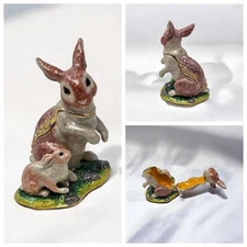 Bunnies Rabbits Enamel Bunny Easter Trinket Pill Box Rhinestones Magnetic Close