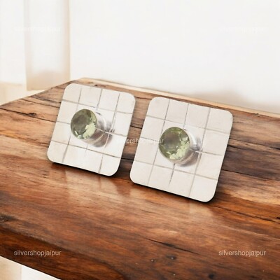 Green Amethyst Gemstone 925 Sterling Silver Stud Earrings Handmade Jewelry