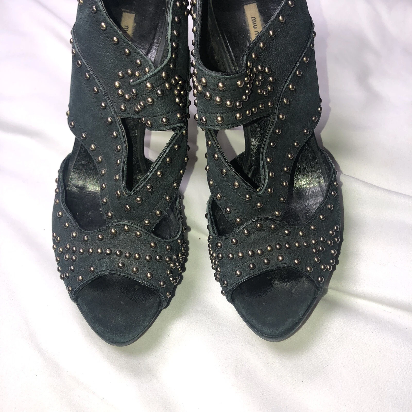 Sandali donna MIU MIU tacco misura 10 5 41 5 neri in pelle e borchie argento