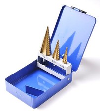 Step Cone Drill Set 3 Piece Titanium Coated HSS Drills 4mm to 32mm