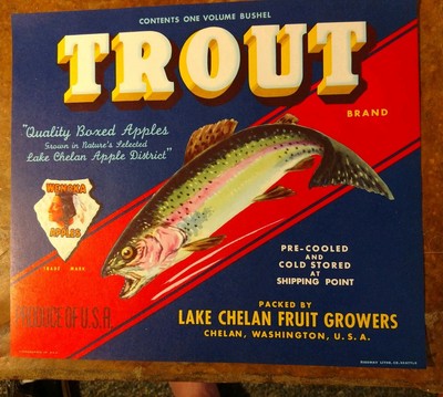 Rainbow Trout Fishing 1930s Apple Label Chelan Washington Cabin