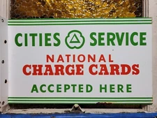 VINTAGE CITIES SERVICE PORCELAIN SIGN FLANGE GAS CHARGE CARD ACCEPTED HERE 20"