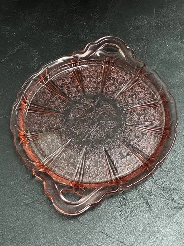 Pink Depression Glass Cherry Blossom Serving Platter With Handles 12 5/8" X 10"