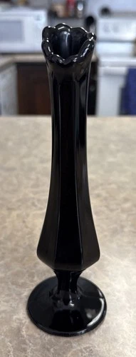 Vintage Ebony Black Glass Swung Stretch Bud Vase Paneled 7.5"