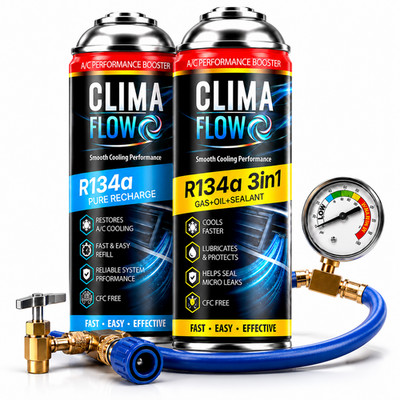 Kältemittel CLIMA FLOW Ersatzgas 3in1 R134a/R12 Nachfüllset Auto Klimaanlage SET