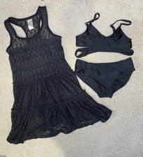 Art Class Bikini Cat Jack Lace Cover-Up Swim Set Black Girls Medium 3pc