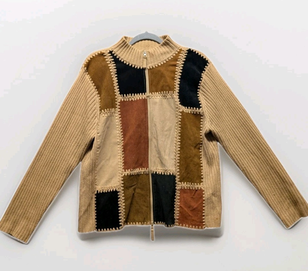 Designers Studio Suede Leather Patchwork Sweater … - image 1