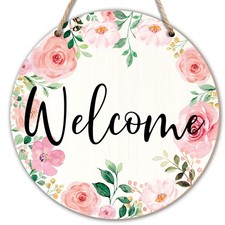 Welcome Spring Door Sign, Floral Wooden 10 inches by 10 inches, pink floral