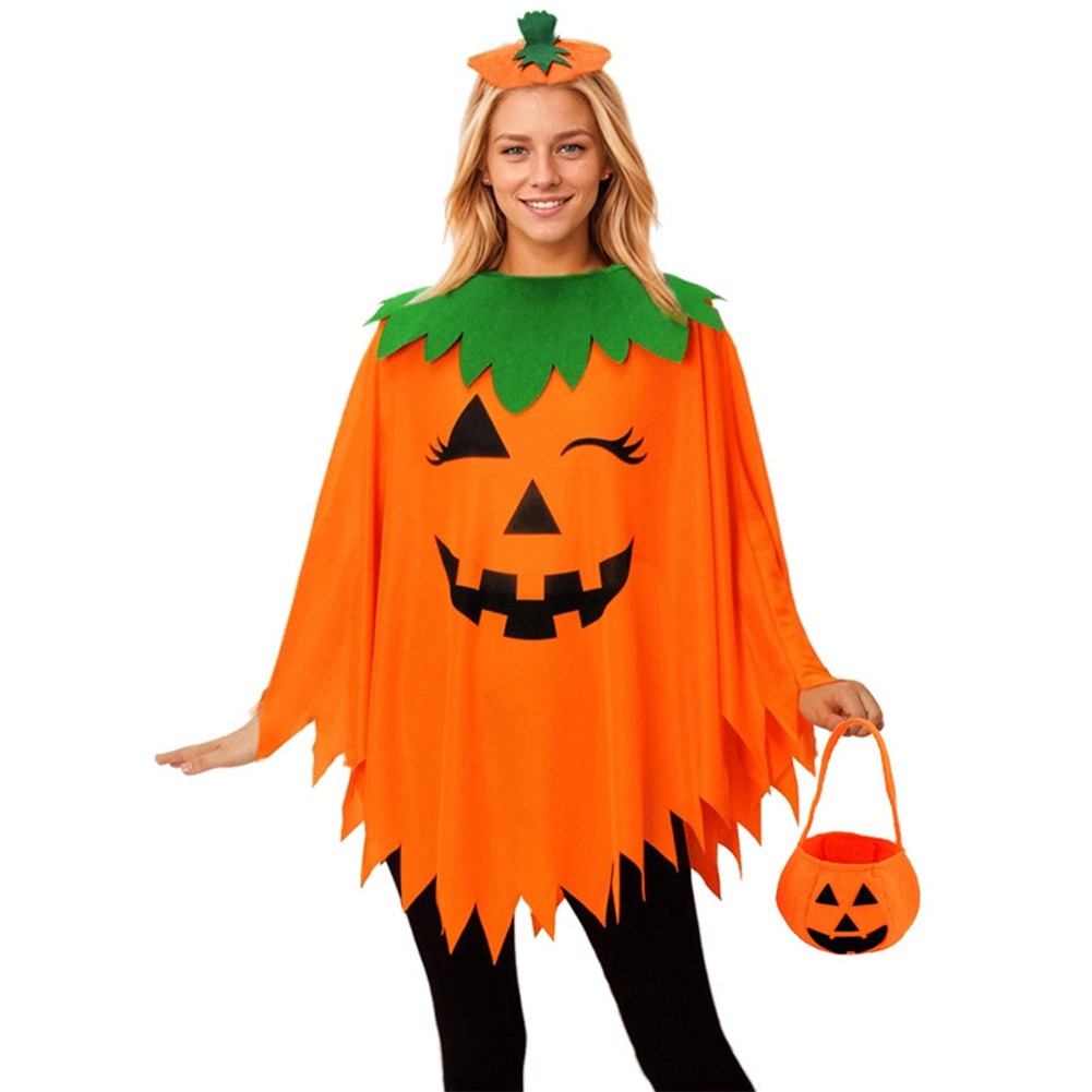 Disfraz de Calabaza de Halloween de 3 Piezas para Mujer con Poncho, Diadema4178