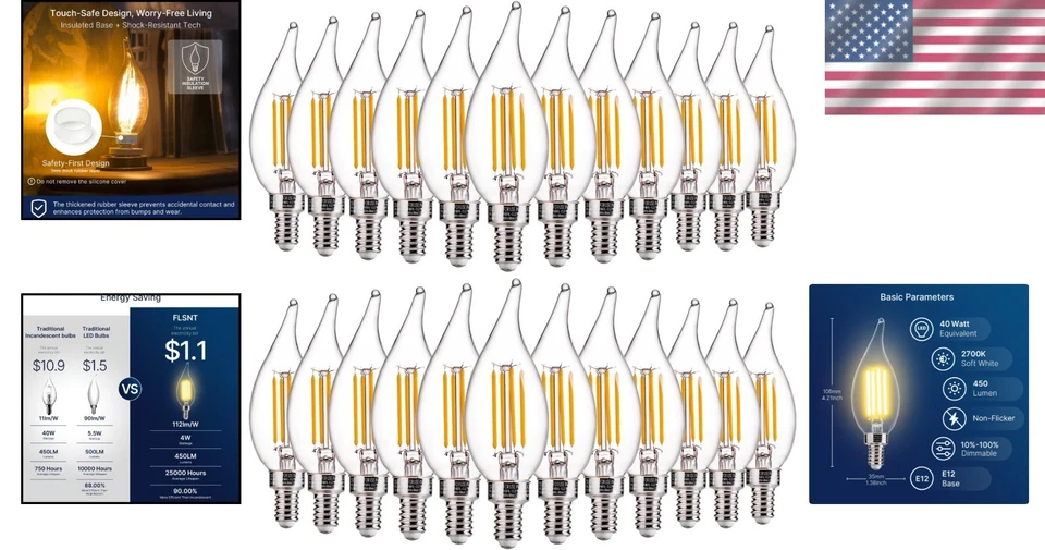 Dimmable LED Chandelier Bulbs 40W Eqv, Soft White, 24 Pack - Image 2 of 4