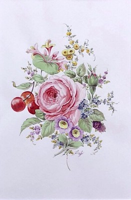 Original Rose mit Kirschen Gemälde Aquarell S.Kreft Chemnitz Meißner Stil