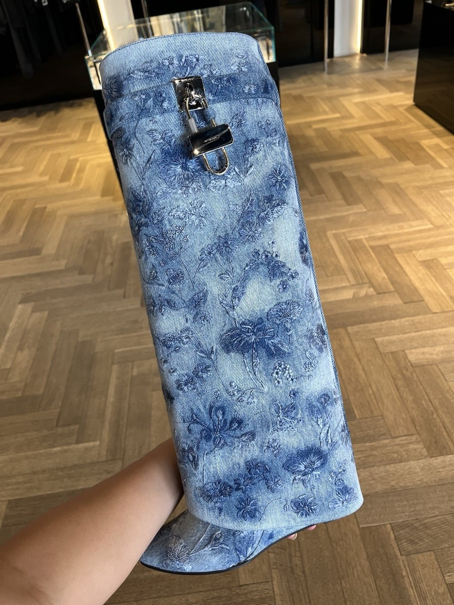 GIVENCHY NIB $2650. Shark Lock Knee High Denim With Blue Floral