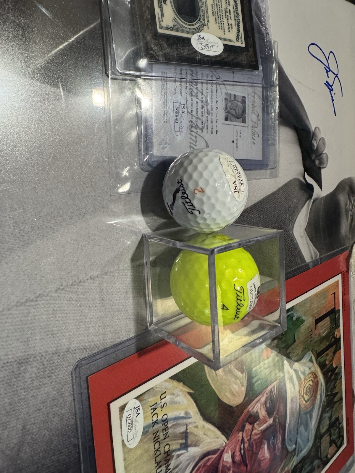 Arnold Palmer Jack Nicklaus 18 Auto Lot Flags Putters Balls Cards Photos JSA PSA view 18
