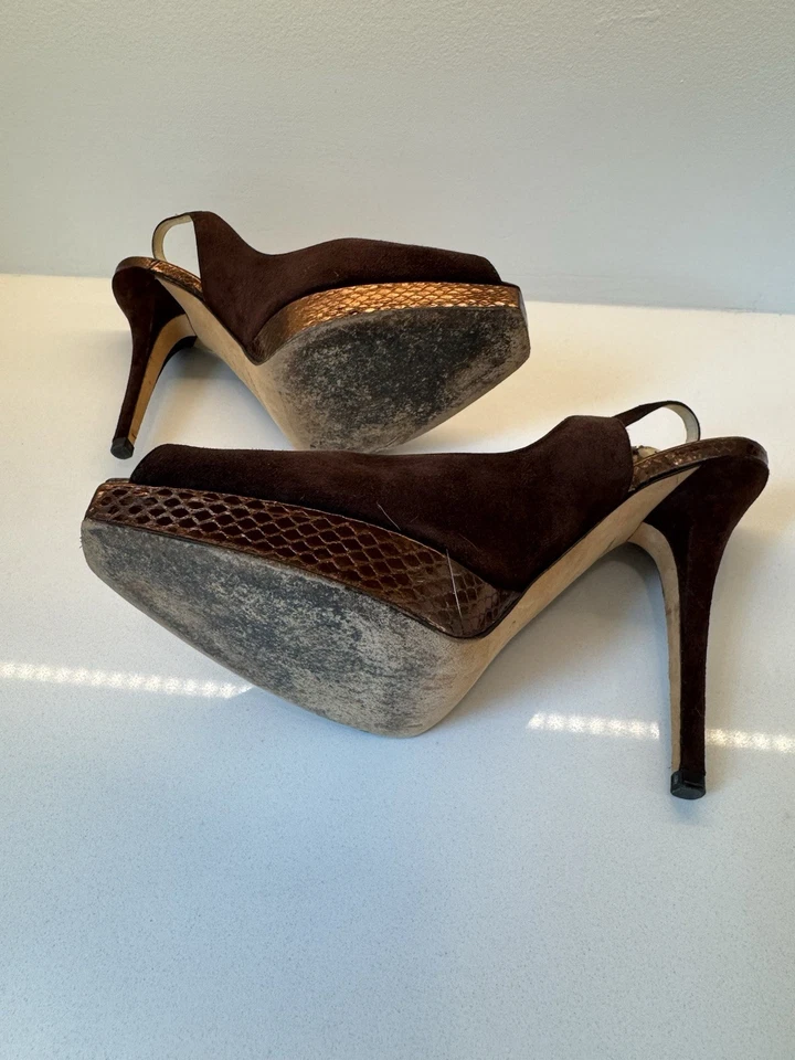 Jimmy Choo Women’s Brown Suede Open Toed Slingback Heels Size 39 - Image 4 of 4