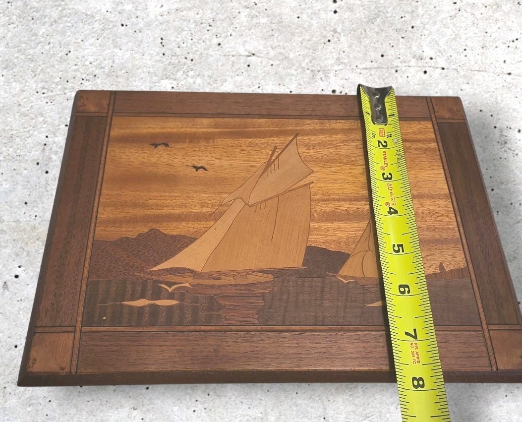 Set of 4 Mid Century Wood Marquetry Picture Panel  Sailing,Mountains, Cabin Tree