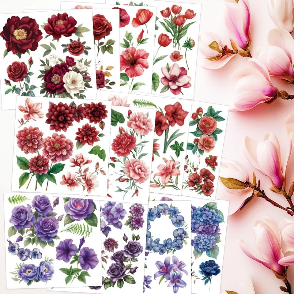 12 hojas rosa roja frotar en transferencia para muebles y manualidades púrpura floral frotar en Foto 3 de 4