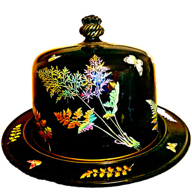 Antique Ridgeway Ebony  Enameled Pottery  Butterfly Fern Cheese Stand Keeper