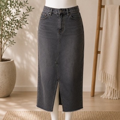 NWT Lost Ink Denim Midi Skirt Womens 24 Black Raw Hem Front Slit High Waist