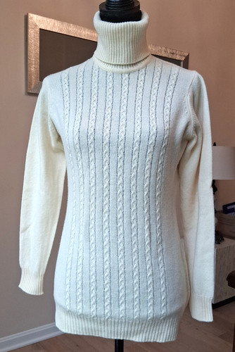 Ballantyne, Vintage Ballantyne of Peebles Lambswool Turtleneck Sweater L Cream Cable Knit