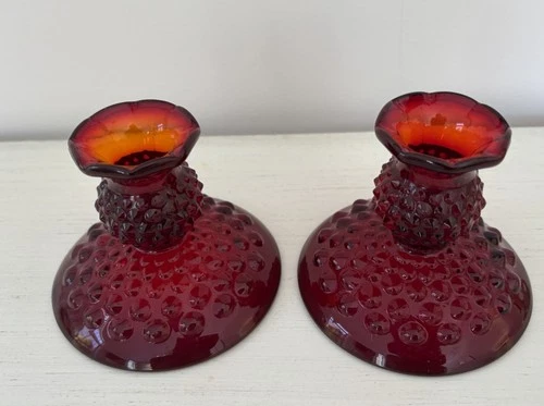 Vintage Pair of Fenton Ruby Red Amberina Glass Hobnail Candlestick Holders