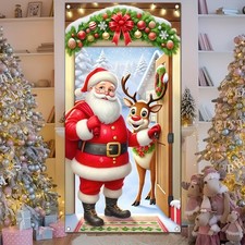 Christmas Door Cover 71x35 Inch Santa Claus and Reindeer Door Banner Holiday ...