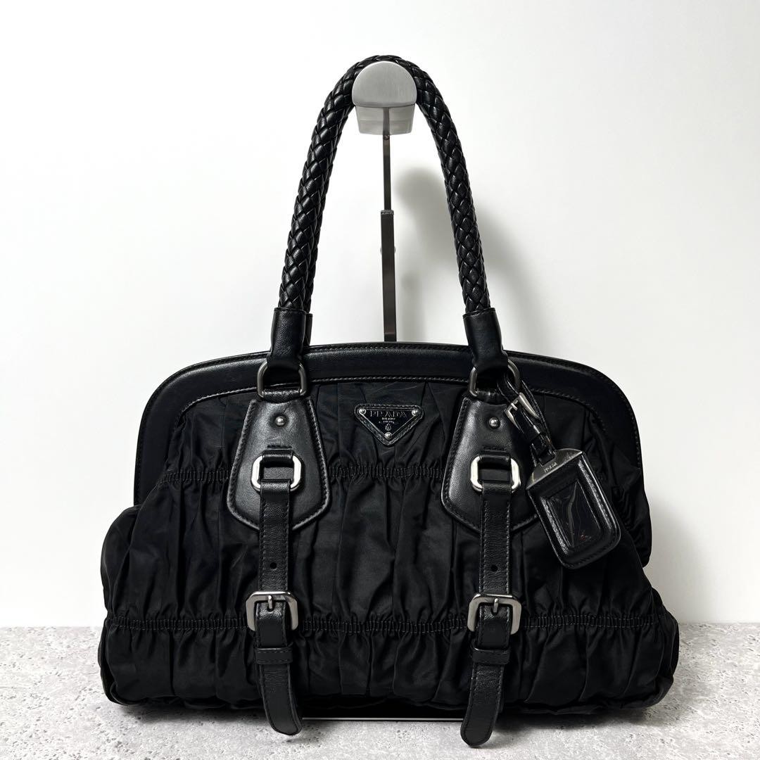 Prada Gathered Tote Bag Triangle Logo Nylon Leather