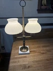 Vintage Double Arm Brass Student Lamp ribbed milk glass shades with marble base