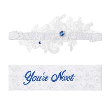 "2 Pcs Wedding Garters for Bride, White Lace with Rhinestones and Blue Accents"