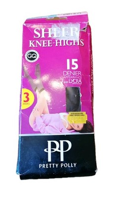 Vintage Pretty Polly transparente Kniestrümpfe 15 Den kaum schwarz Einheitsgröße 3 Paar neu