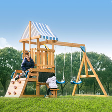 Wooden Swing Set for Backyard, All-In-One Kids Outdoor Play Equipment with Swing
