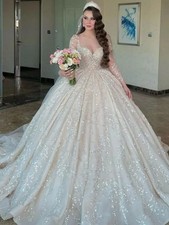 Luxury Long Sleeve Wedding Dress Ball Gown Sequined Beading Illusion Bridal Gown
