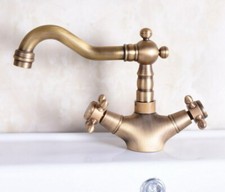 Antique Brass Dual Cross Handles Swivel Bathroom Sink Faucet Vanity Mixer Tap