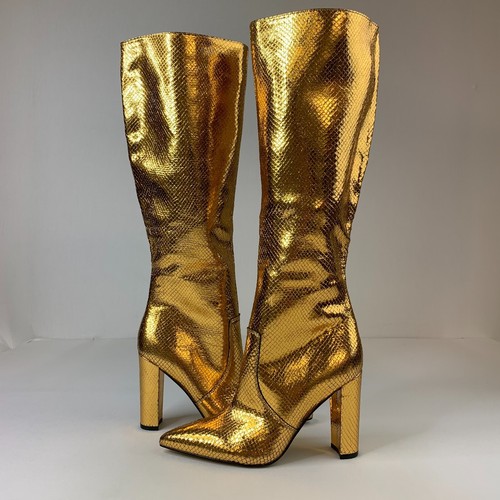 Stivali donna Marc Fisher al ginocchio oro metallizzato pelle di serpente scarpe con tacco taglia 7,5M