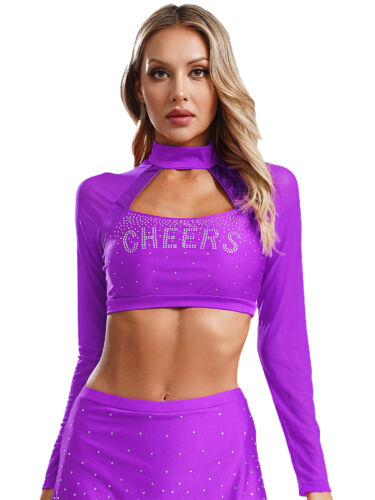 Women Cheer Uniform Tops Night Club Crop Top Rhinestone Cheerleader Costume - Picture 54 of 87