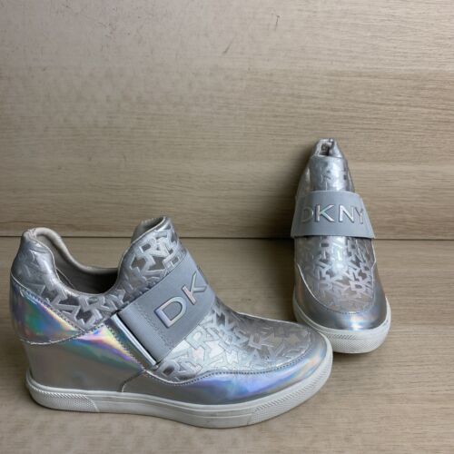 DKNY “Cosmos” Silver Textile/Synthetic Slip On Logo Wedge Sneakers Size 8M - Picture 1 of 10