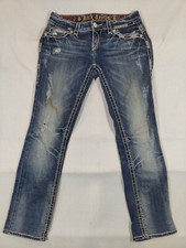 Rock Revival Jeans Women's 27 Adele Straight Distressed Fleur De Lis Denim Blue