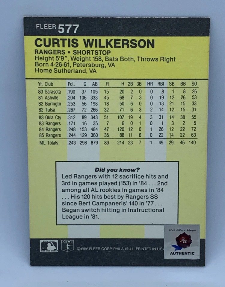 2020 Historic Autographs Curtis Wilkerson 1986 Fleer #577 Auto Sticker Authentic - Image 2 of 2