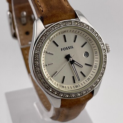 Fossil Womens Watch ES-3026 Date 31mm Case Beige Leather Band Quartz Three Hands