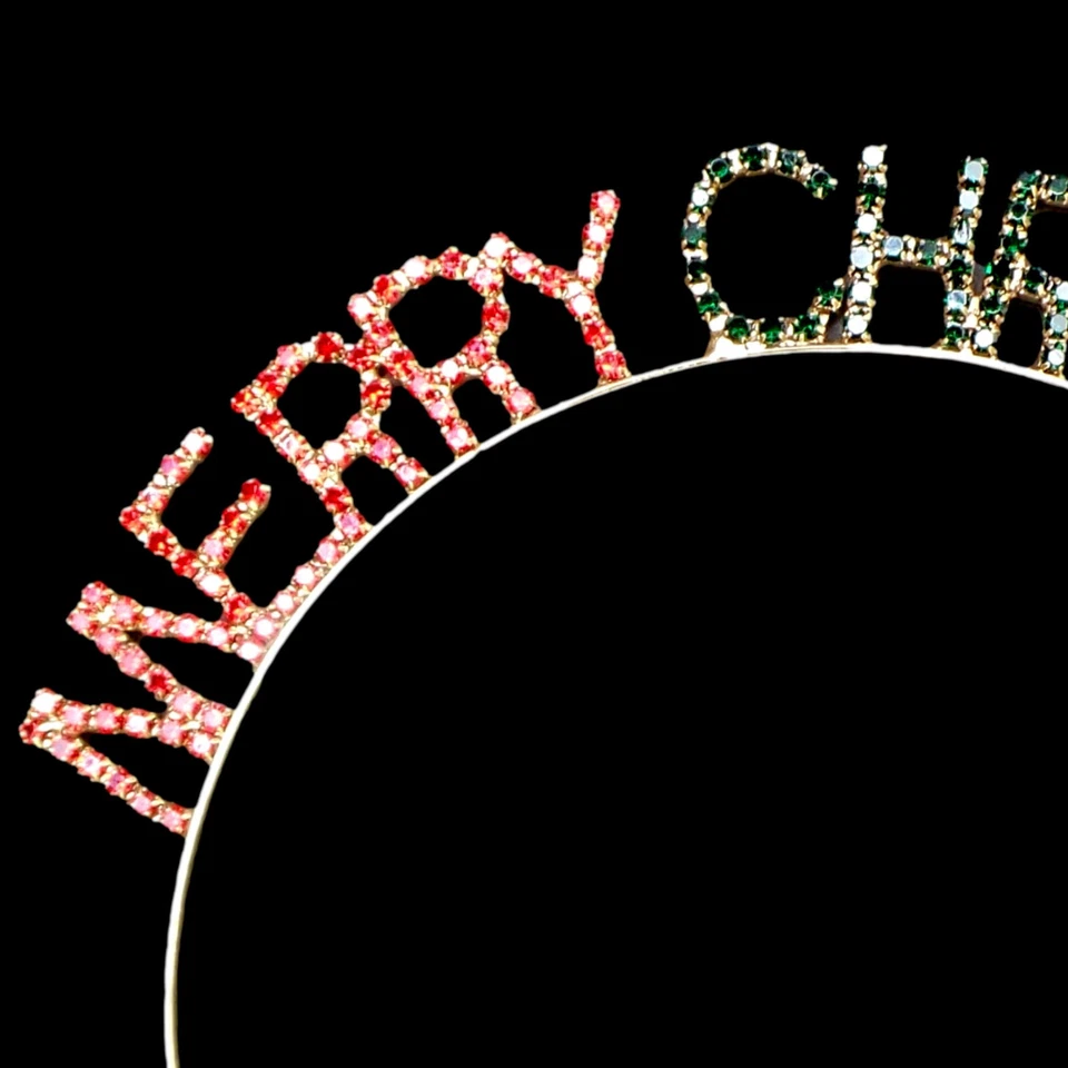 TIARA "FELIZ NAVIDAD" / MARCO DORADO / PIEDRAS SINTÉTICAS ROJO RUBÍ Y VERDE ESMERALDA Foto 2 de 4