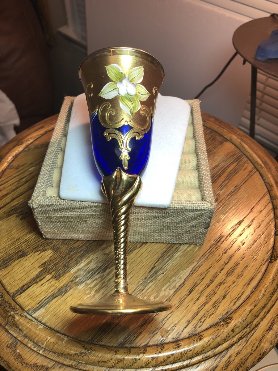 Antique Cobalt Blue/Gold Czech Bohemian Twisted Stem Wine Glasses